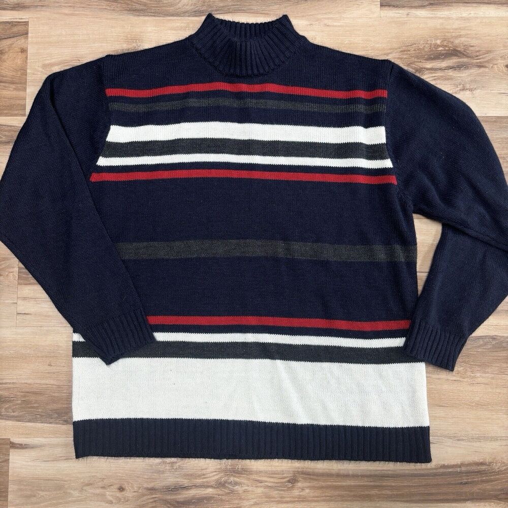 Bellini Collection Sweater Mens Large Mock Turtleneck Knit Navy Blue Striped
